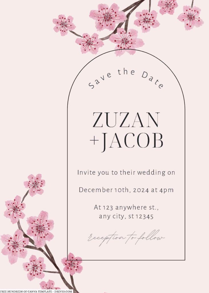 Free Editable Cream Cherry Blossom Watercolor Wedding Invitation