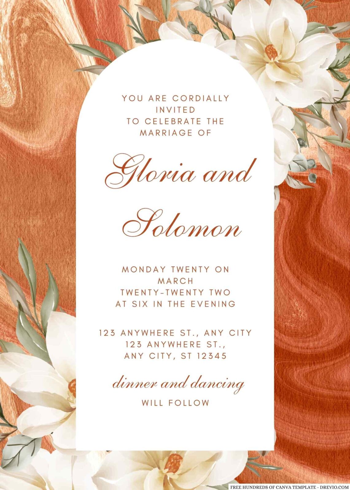 Free Editable Terracotta Magnolia White Floral Wedding Invitation