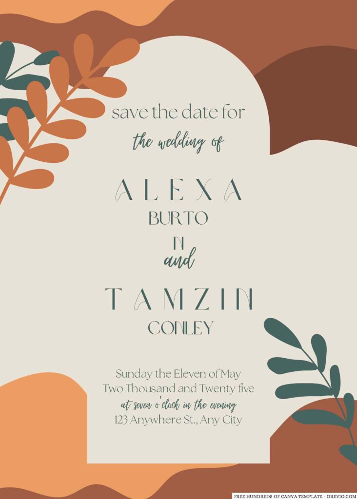 Free Editable Terracotta Leaves Wedding Invitation