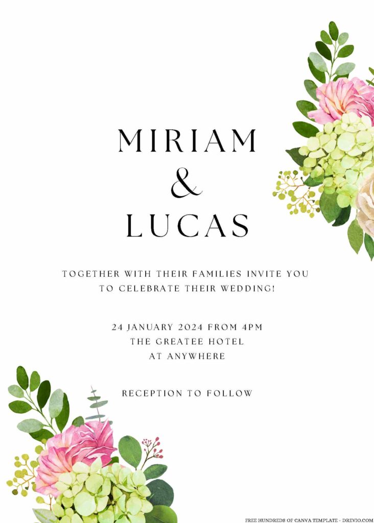 Free Editable White Green Watercolor Floral Wedding Invitation