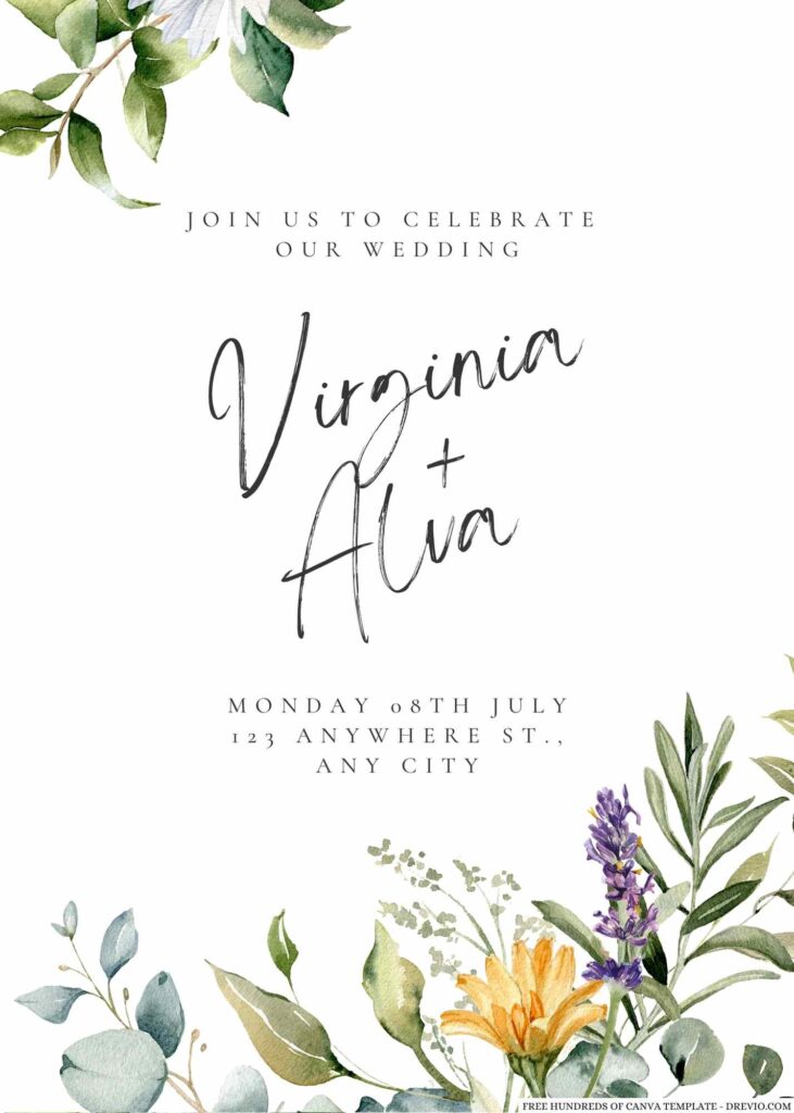 Invitation Template of 14+ Clean White Watercolor Wildflower Canva Wedding Invitation Templates 13