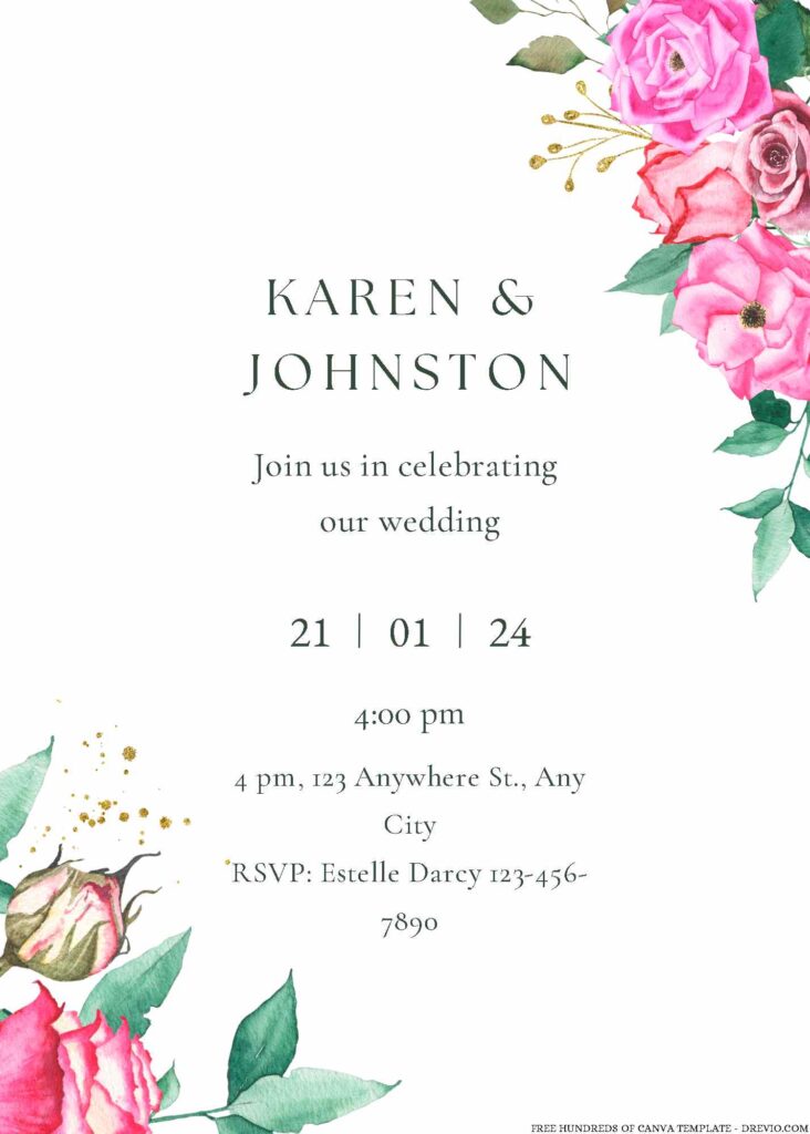 Free Editable Watercolor Rose Bud Flower Wedding Invitation