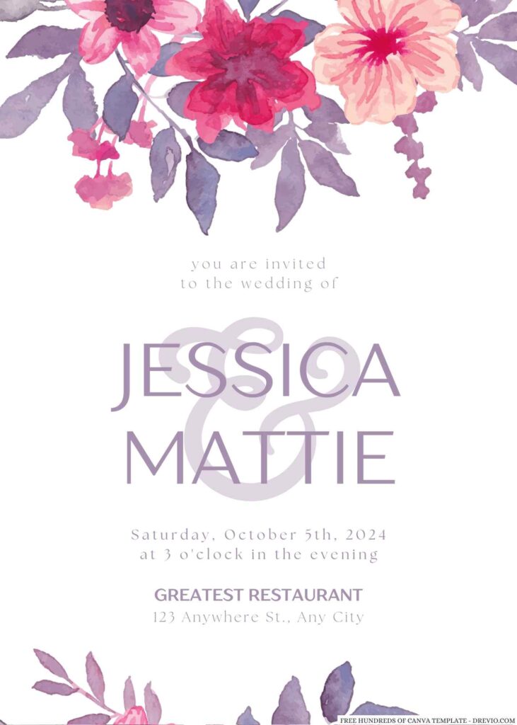 Free Editable Watercolor Flower Pastel Purple Canva Wedding Invitation