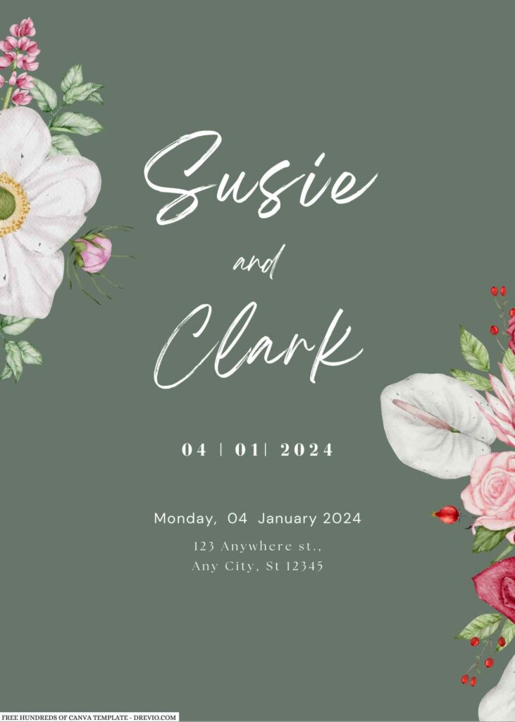 Free Editable Sage Flower Bouquet Watercolor Wedding Invitation