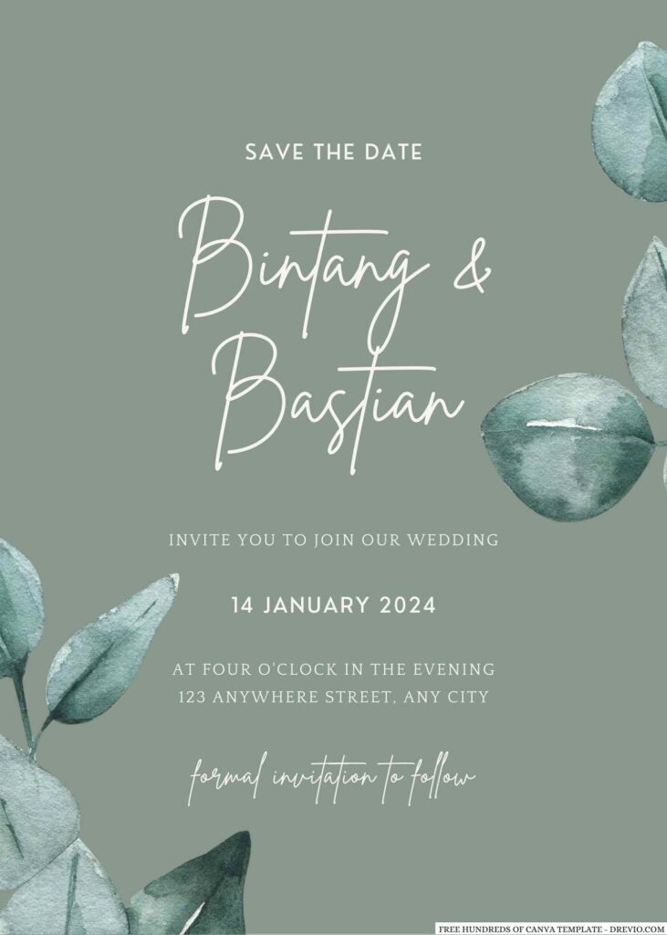 Free Editable Sage Watercolor Painted Eucalyptus Wedding Invitation