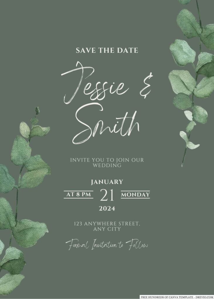 Free Editable Sage Watercolor Leaves Wedding Invitation