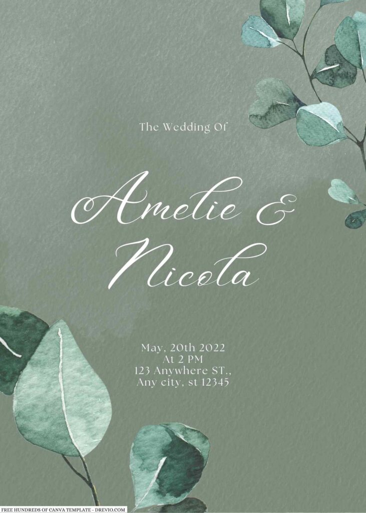 Free Editable Sage Watercolor Eucalyptus Wedding Invitation