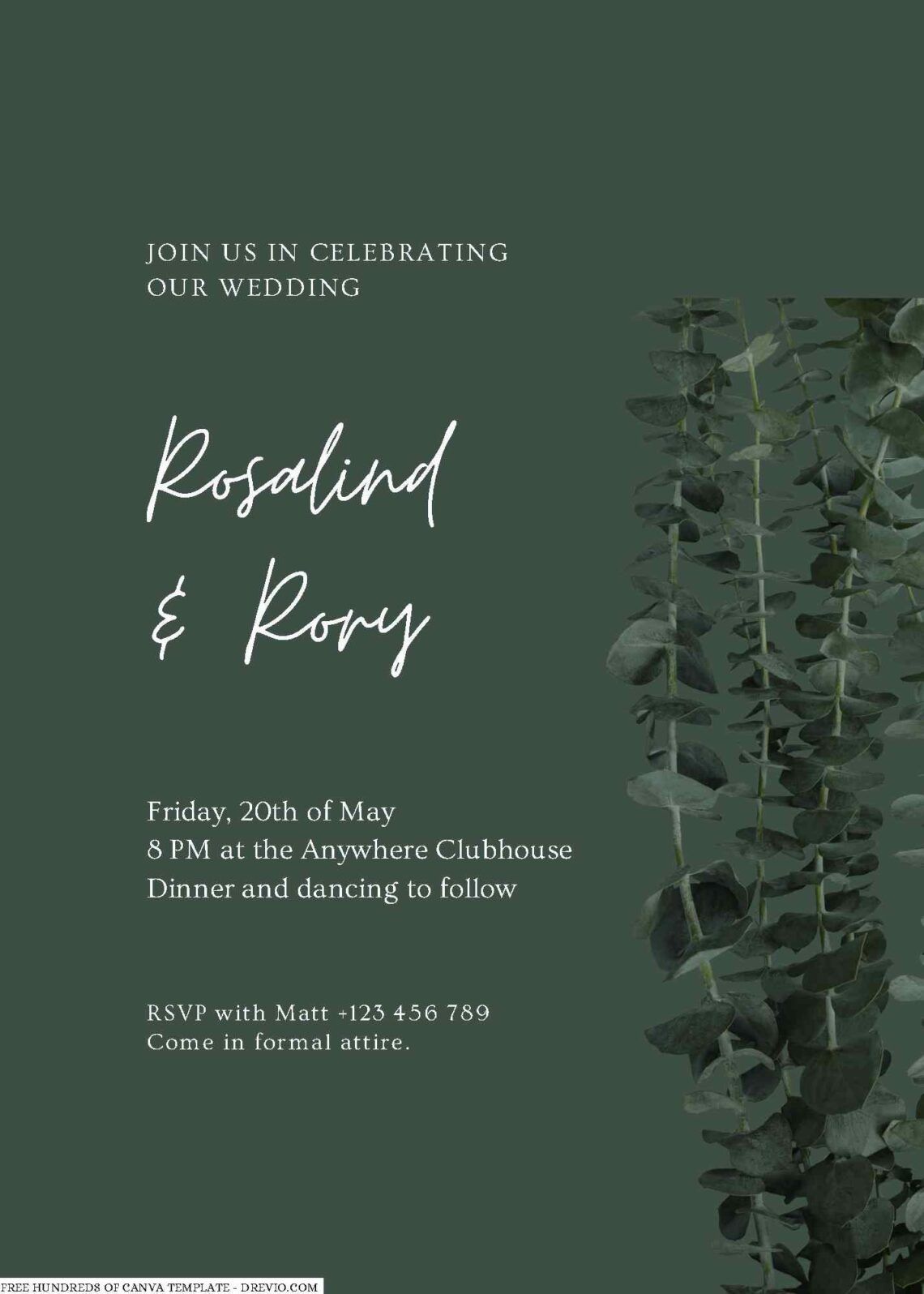 Free Editable Sage Eucalyptus Leaves Floral Wedding Invitation