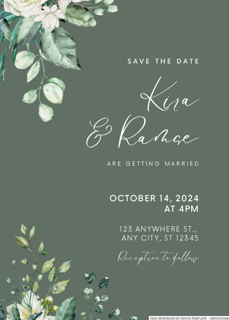 Free Editable Sage Green Leaves White Roses Wedding Invitation