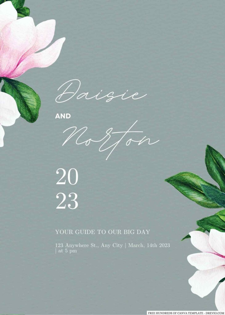 Free Editable Sage Watercolor Magnolia Flower Wedding Invitation