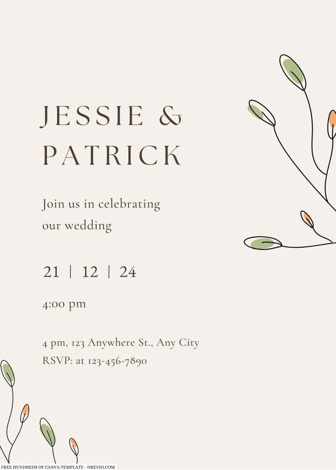 Free Editable Cream Floral Line Wedding Invitation