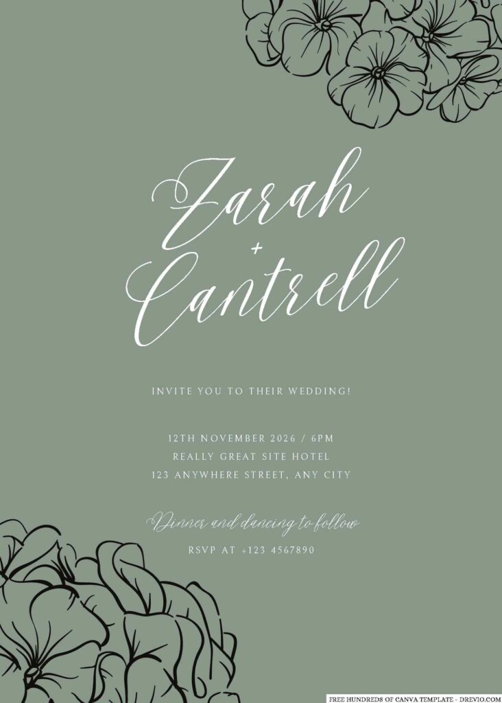 Free Editable Sage Line Detail Flower Wedding Invitation