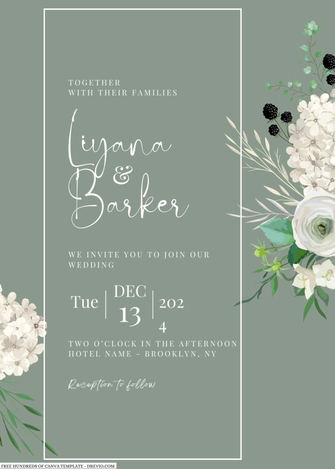 20+ Sage White Flower Bouquet Canva Wedding Invitation Templates ...