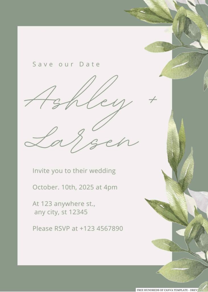 Free Editable Sage White Leaves Eucalyptus Wedding Invitation