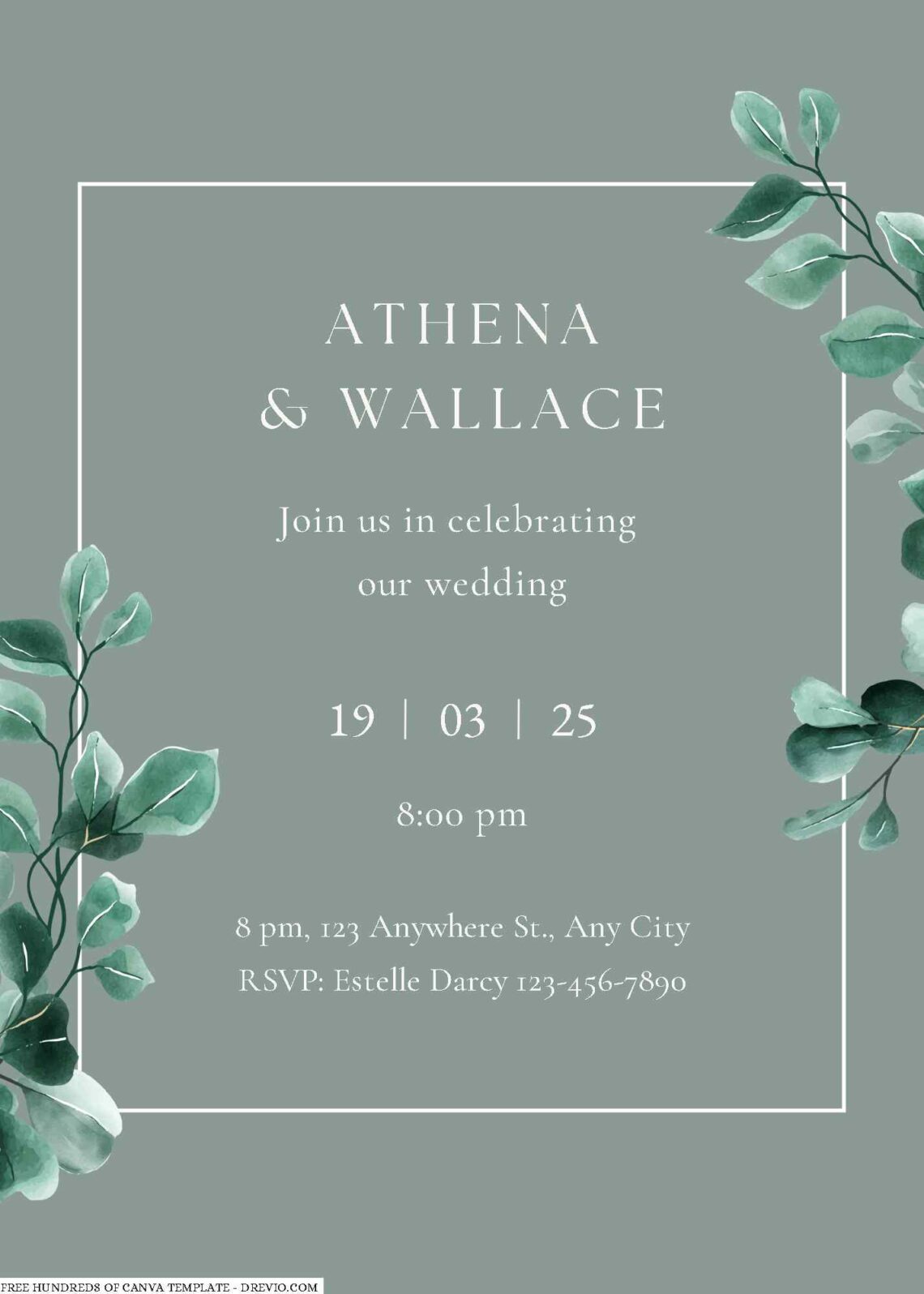 Free Editable Watercolor Sage Bright Leaves Wedding Invitation