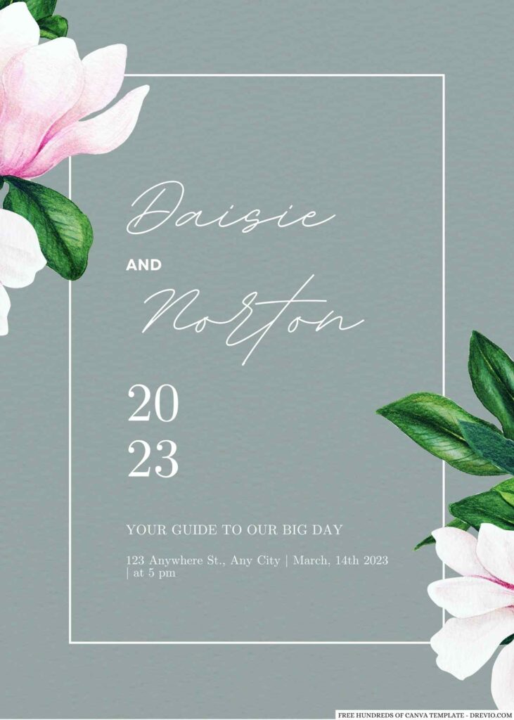 Free Editable Sage Watercolor Magnolia Flower Wedding Invitation