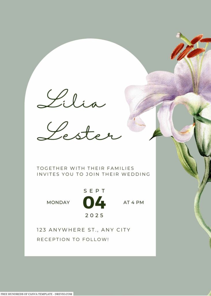 Free Editable Sage Watercolor Lily Flower Wedding Invitation 