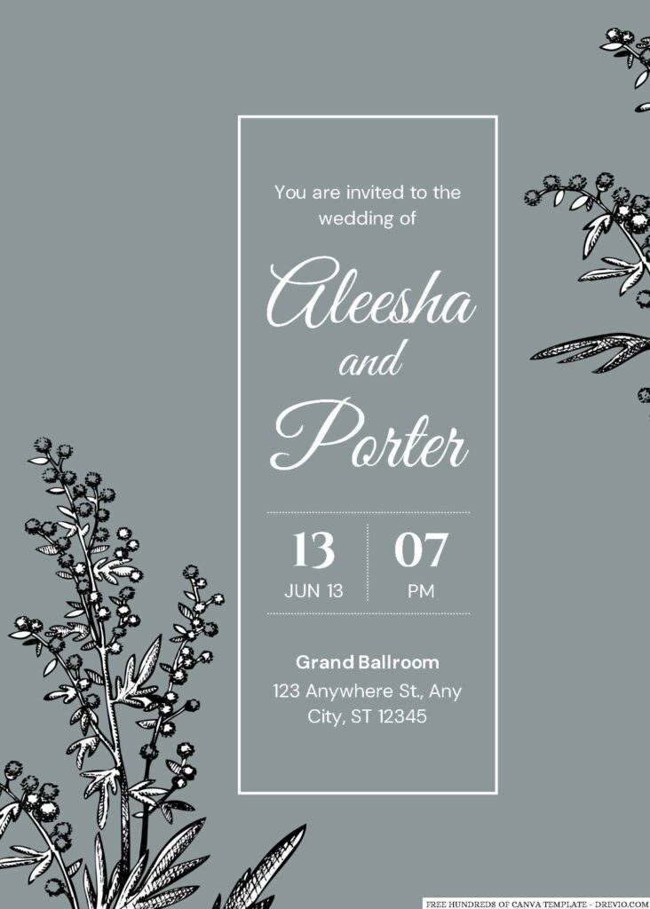 Free Editable Sage Hand Drawn White Black Wedding Invitation