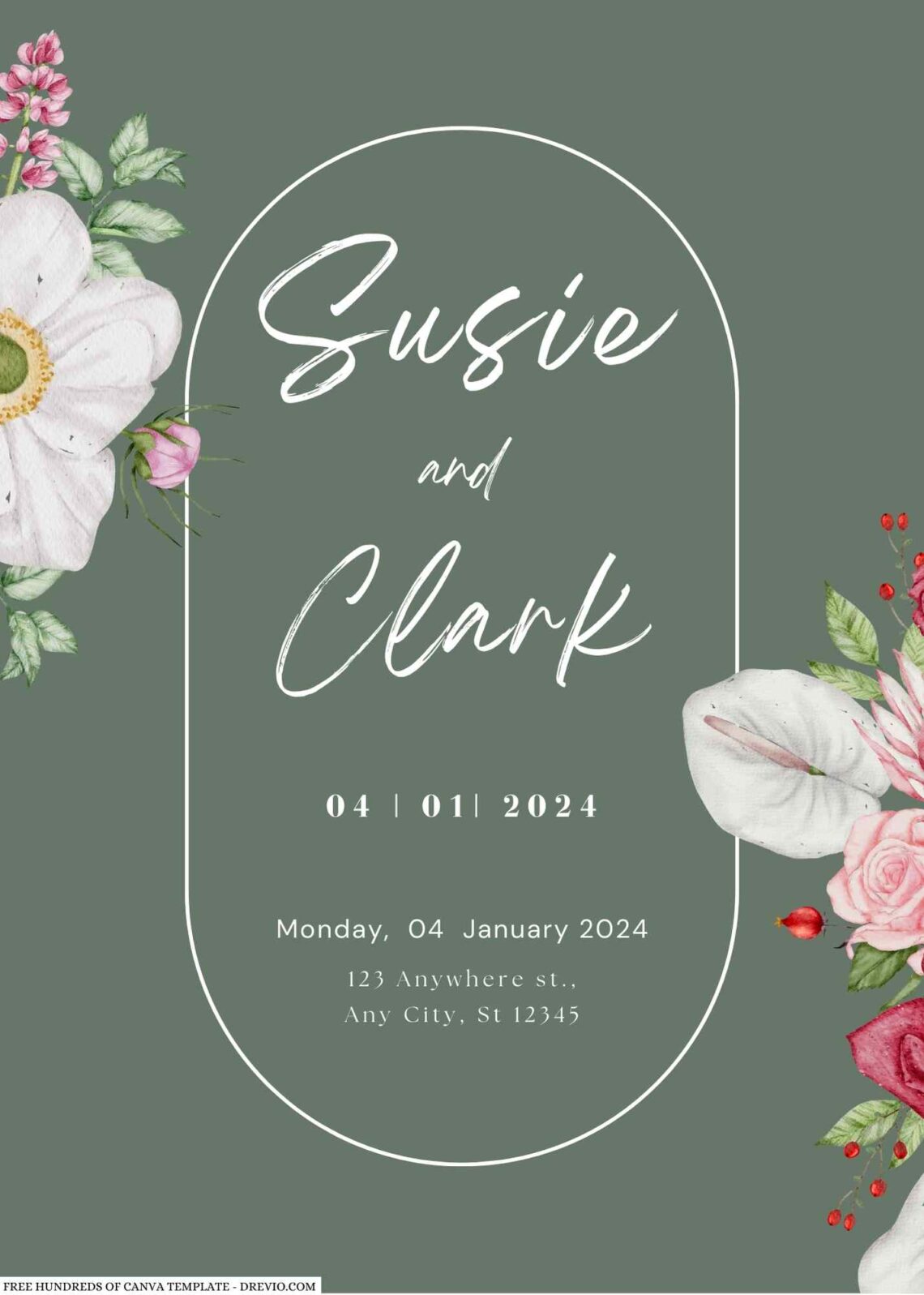 Free Editable Sage Flower Bouquet Watercolor Wedding Invitation