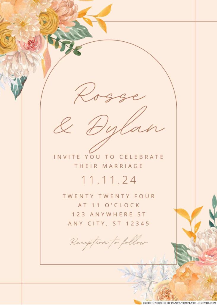Free Editable Terracotta Dry Rose Bouquet Wedding Invitation