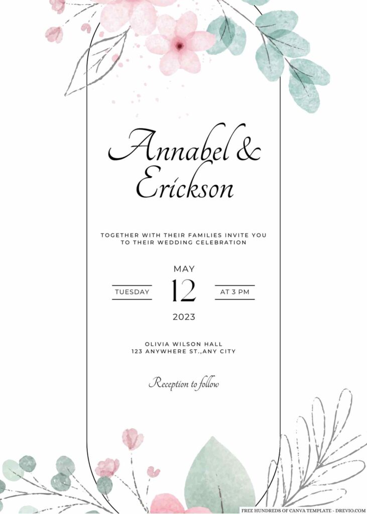 Invitation Template of 16+ Watercolor Pink Floral Leaves Canva Wedding Invitation Templates 1