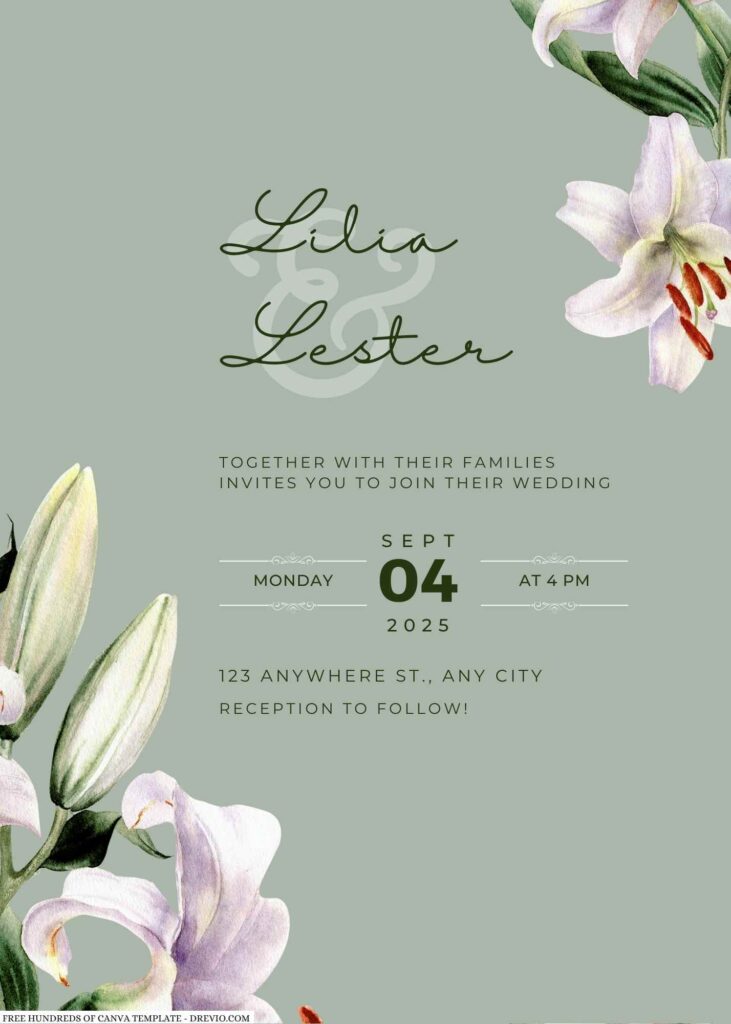 Free Editable Sage Watercolor Lily Flower Wedding Invitation 