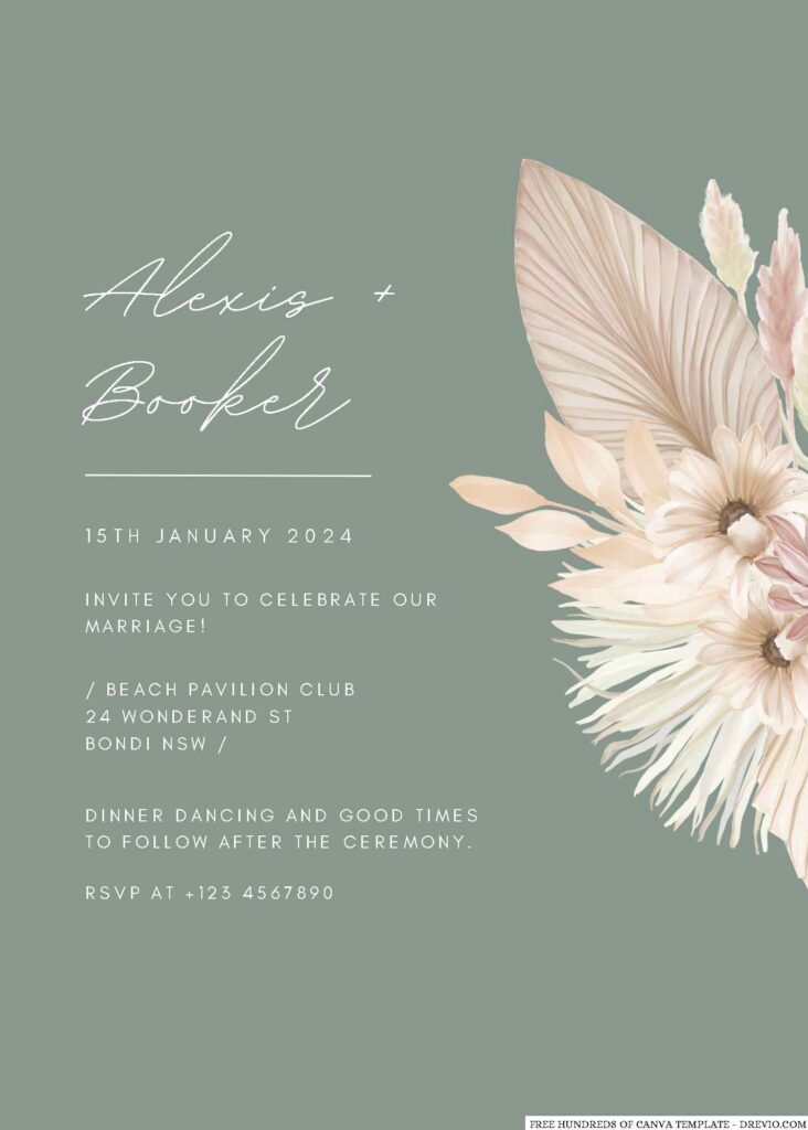 Free Editable Sage Peach Tropical Floral Wedding Invitation