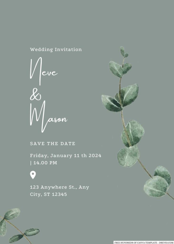 Free Editable Sage Watercolor Baby Blue Leaves Wedding Invitation