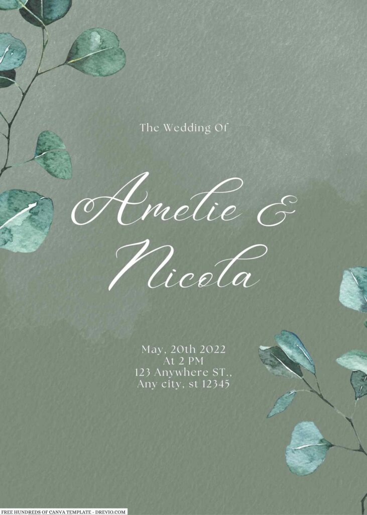 Free Editable Sage Watercolor Eucalyptus Wedding Invitation