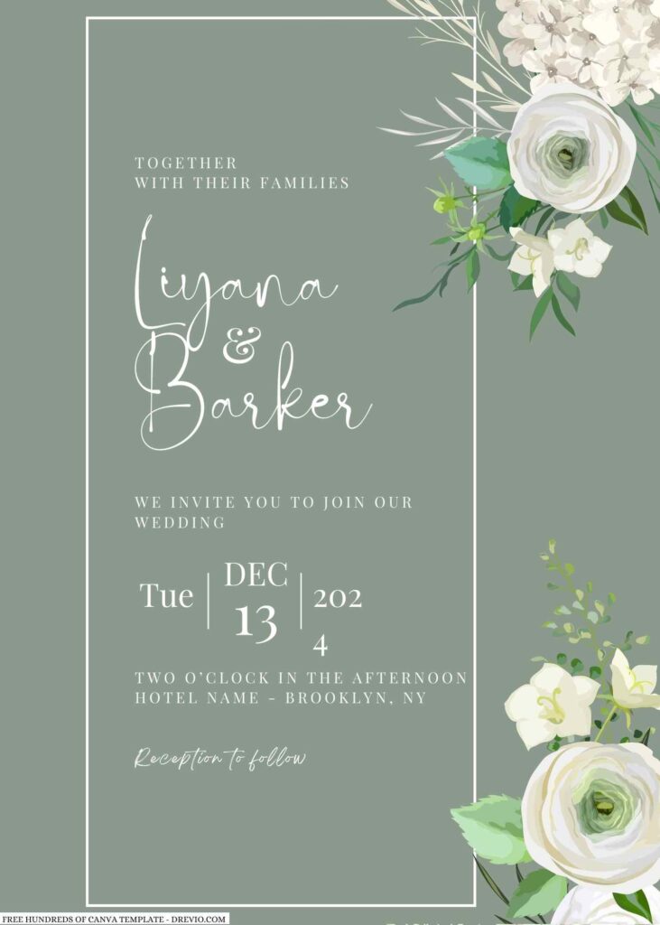 Free Editable Sage White Flower Bouquet Wedding Invitation