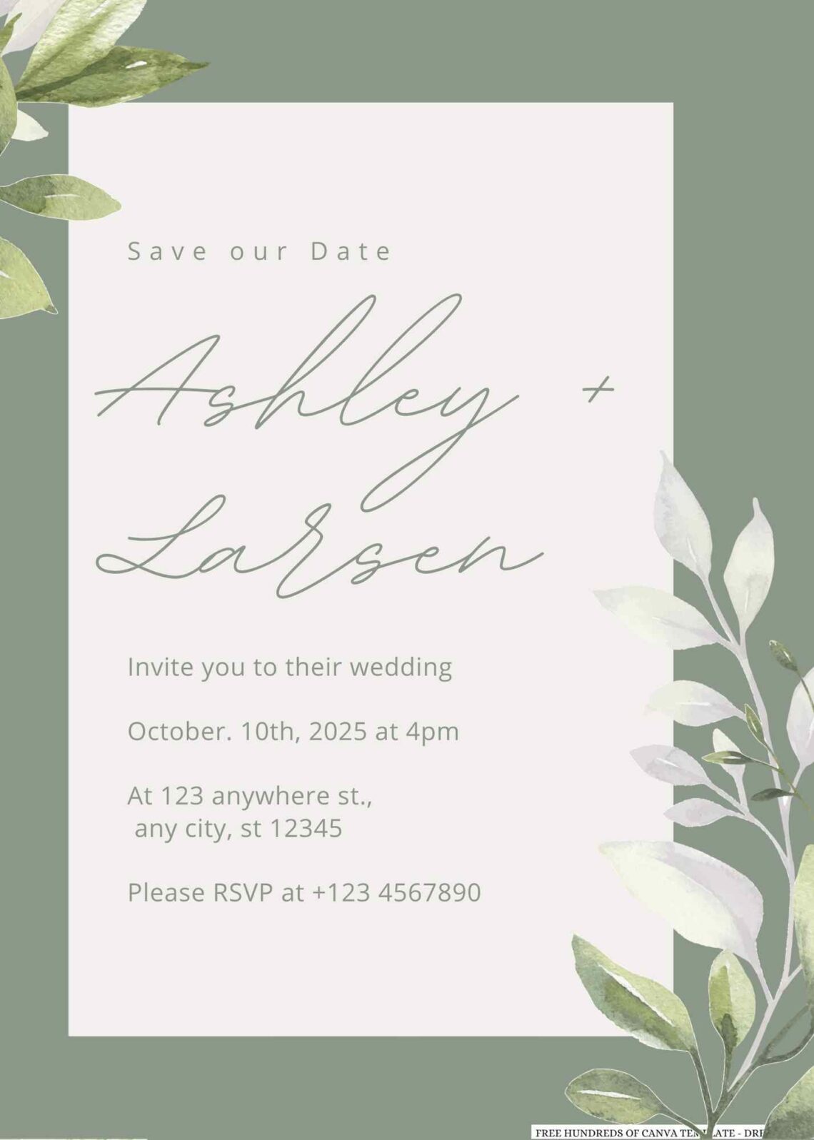 Free Editable Sage White Leaves Eucalyptus Wedding Invitation