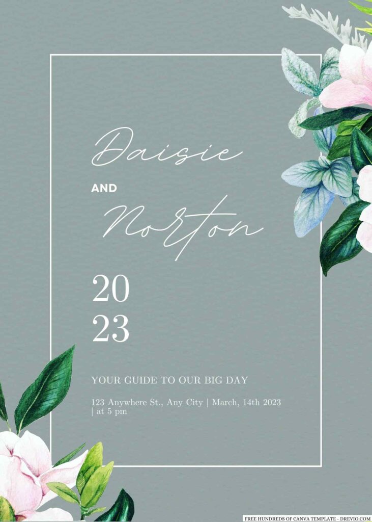 Invitation Template of 20+ Sage Watercolor Magnolia Flower Canva Wedding Invitation Templates 14