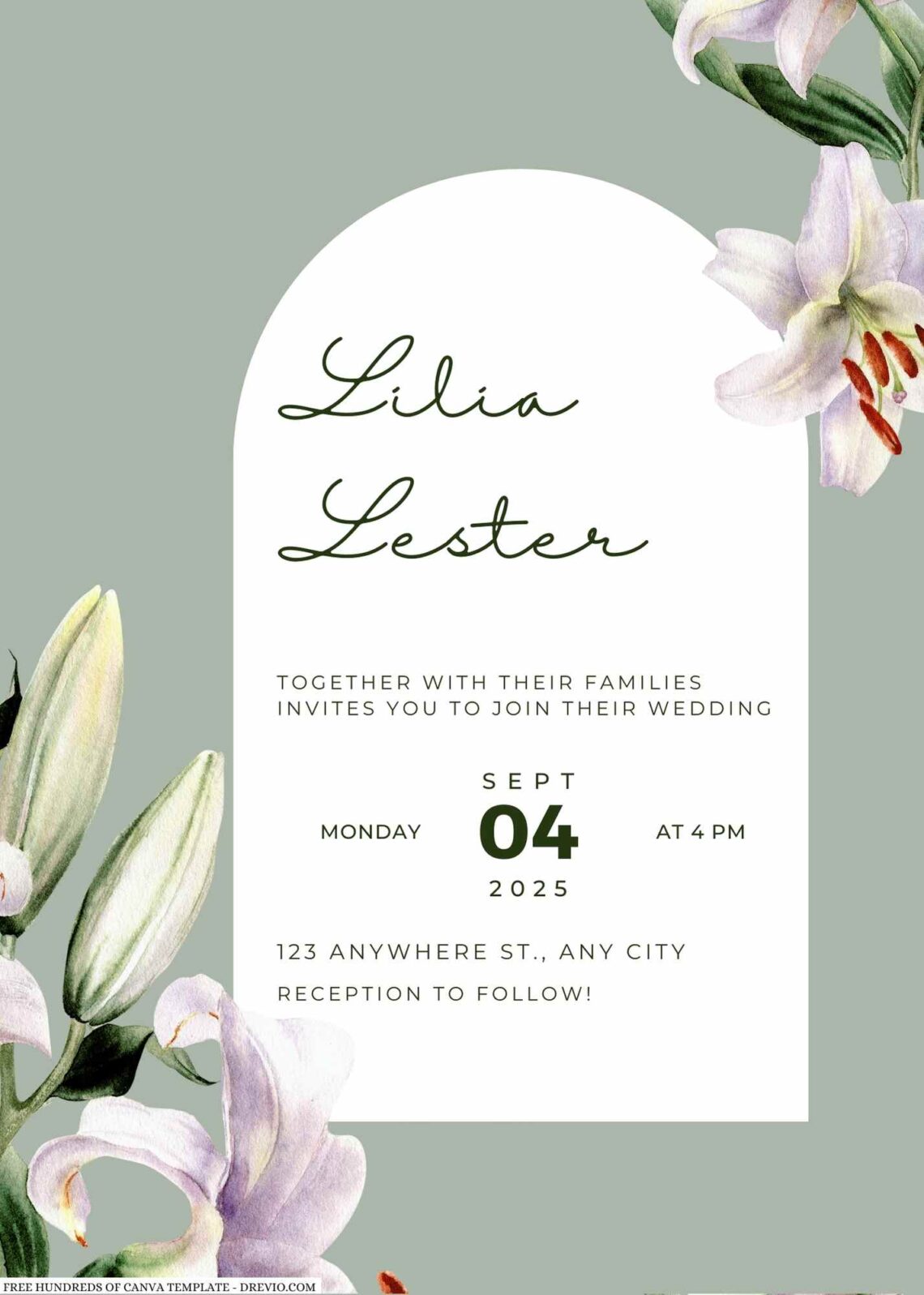 Free Editable Sage Watercolor Lily Flower Wedding Invitation
