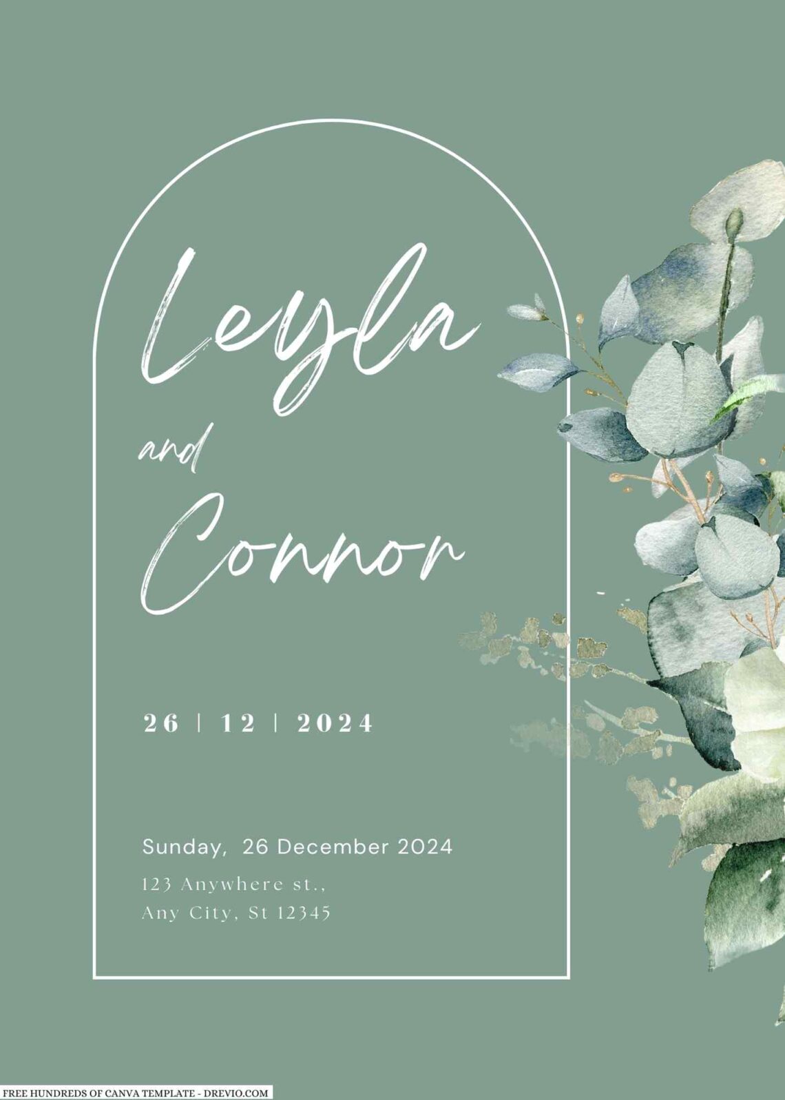 Free Editable Sage Watercolor Eucalyptus Bouquet Wedding Invitation