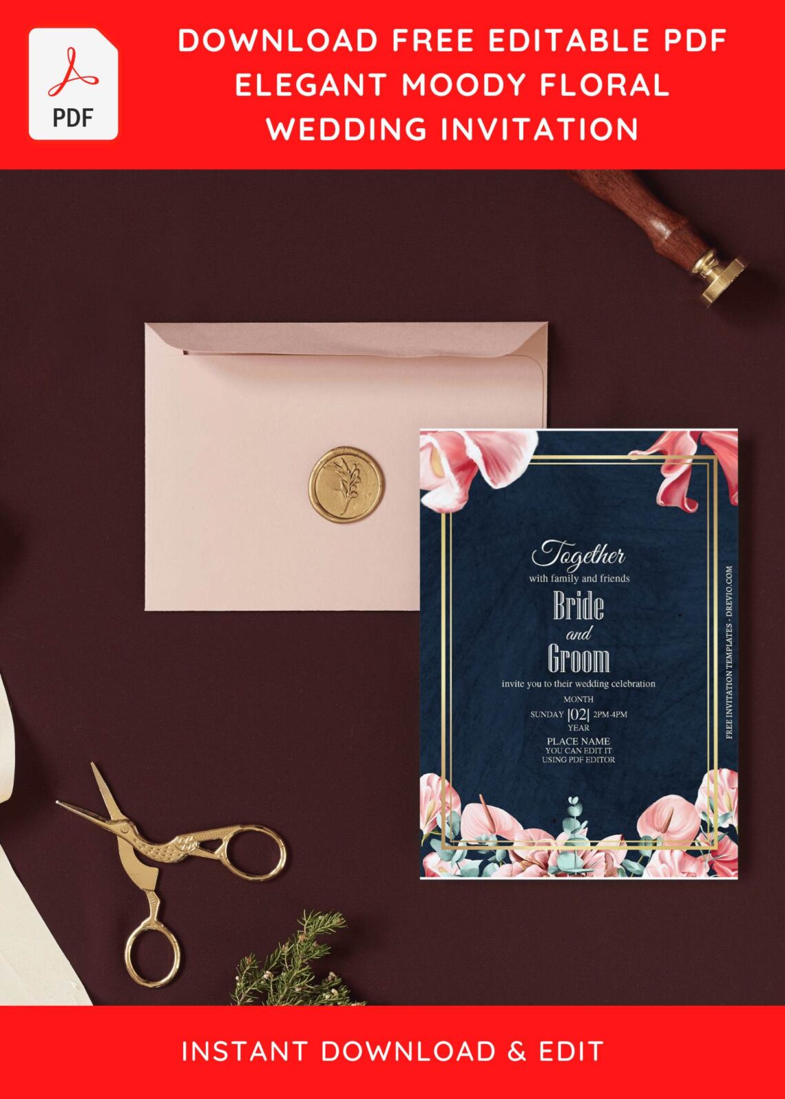 (Free Editable PDF) Elegant Moody Tulip And Lily Wedding Invitation Templates