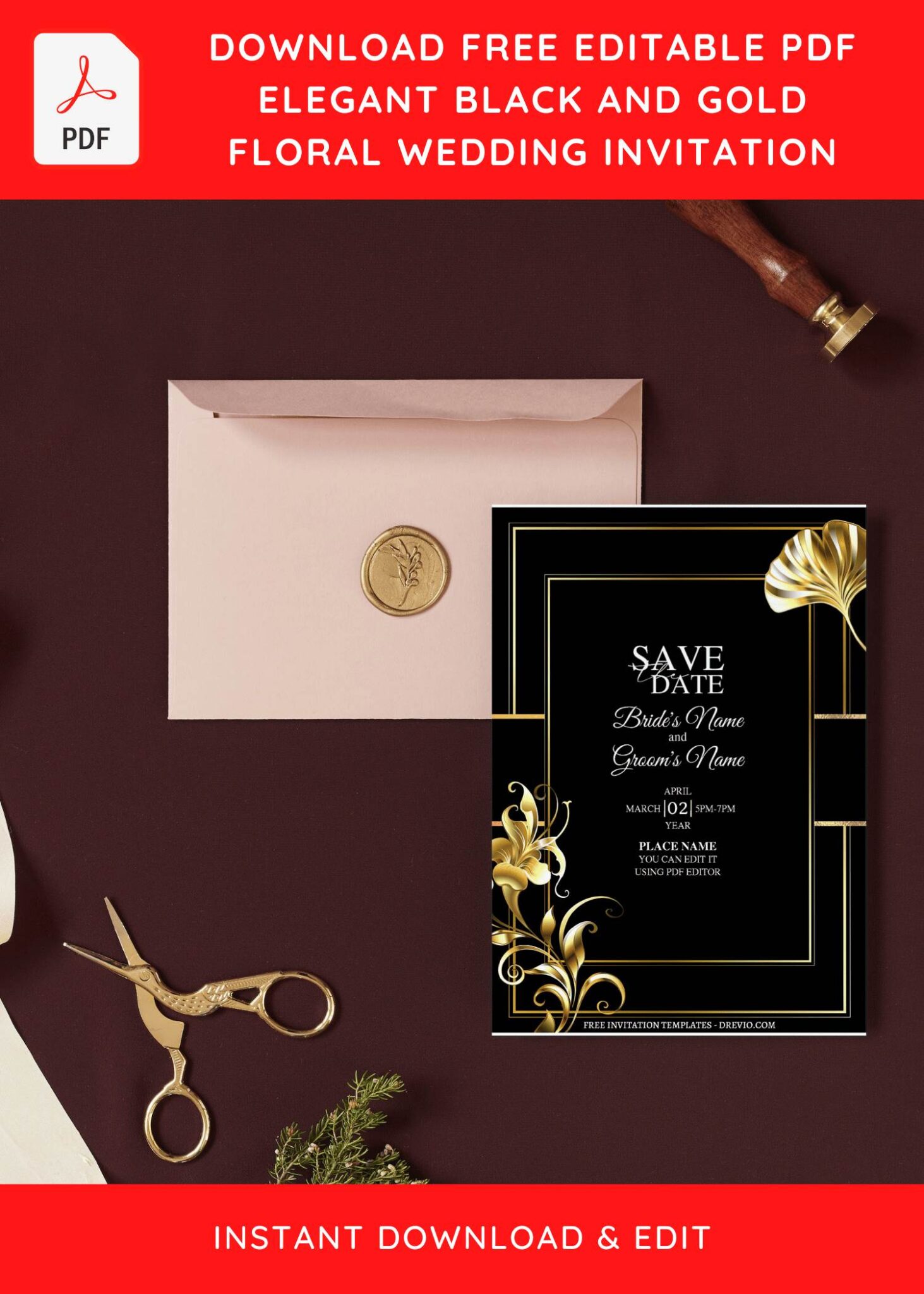 (Free Editable PDF) Luxury Black And Gold Floral Wedding Invitation