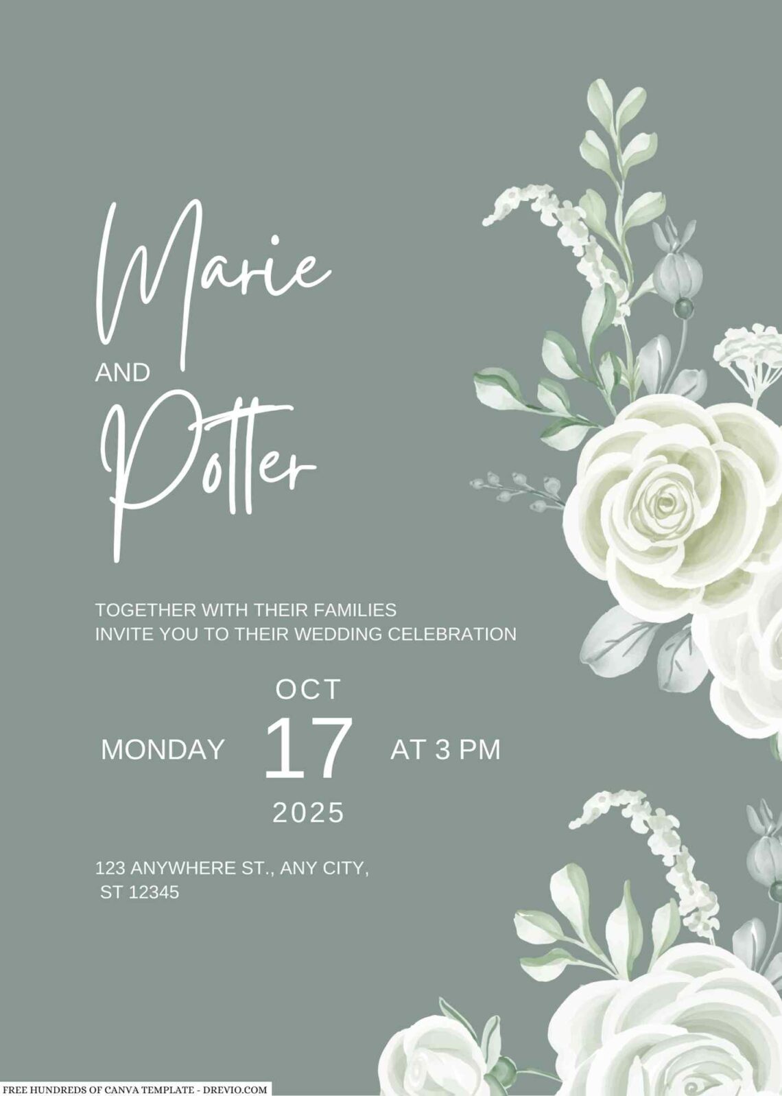 Free Editable Sage Flower Arrangement Wedding Invitation