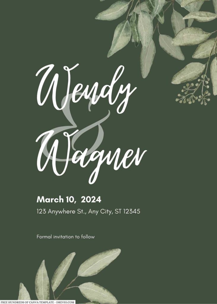 Free Editable Sage Watercolor Eucalyptus Leaves Wedding Invitation 