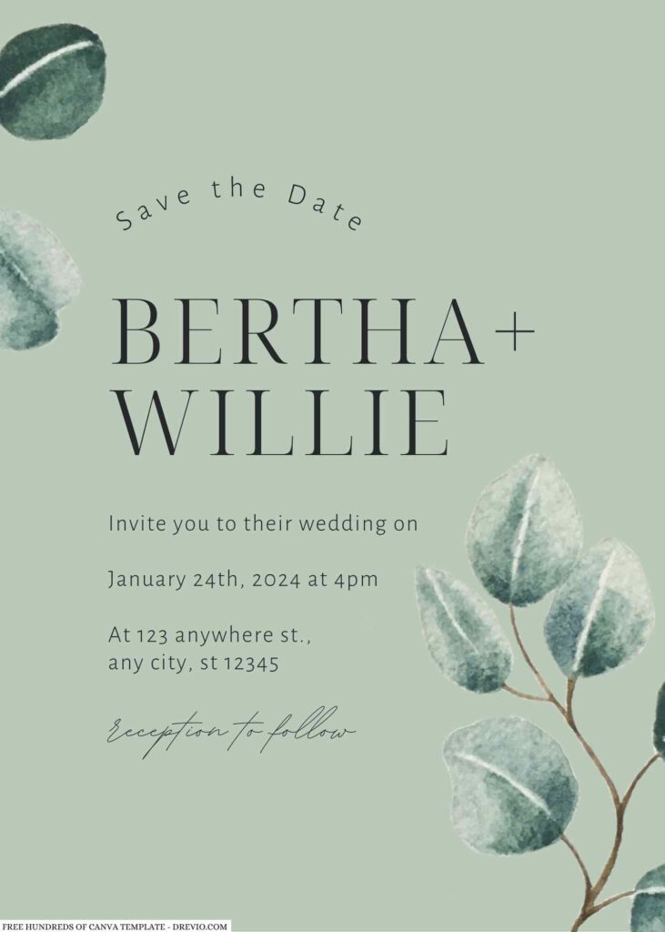 Free Editable Sage Watercolor Eucalyptus Wedding Invitation