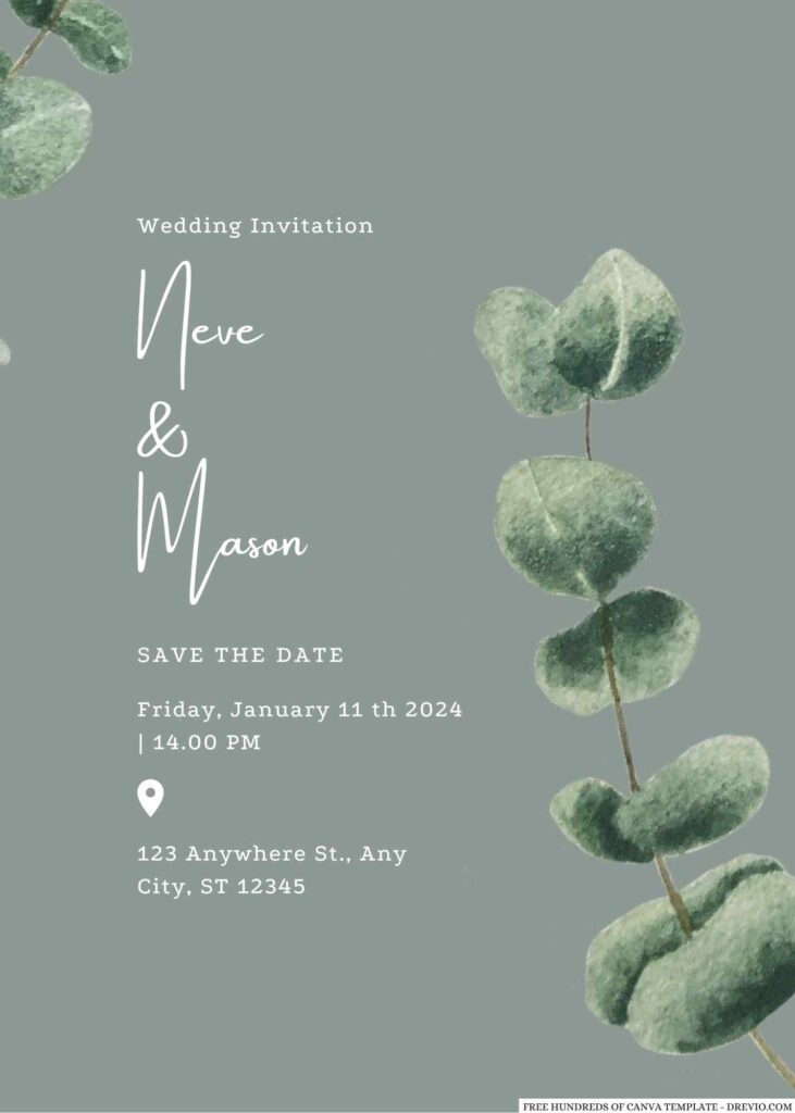 Free Editable Sage Watercolor Baby Blue Leaves Wedding Invitation