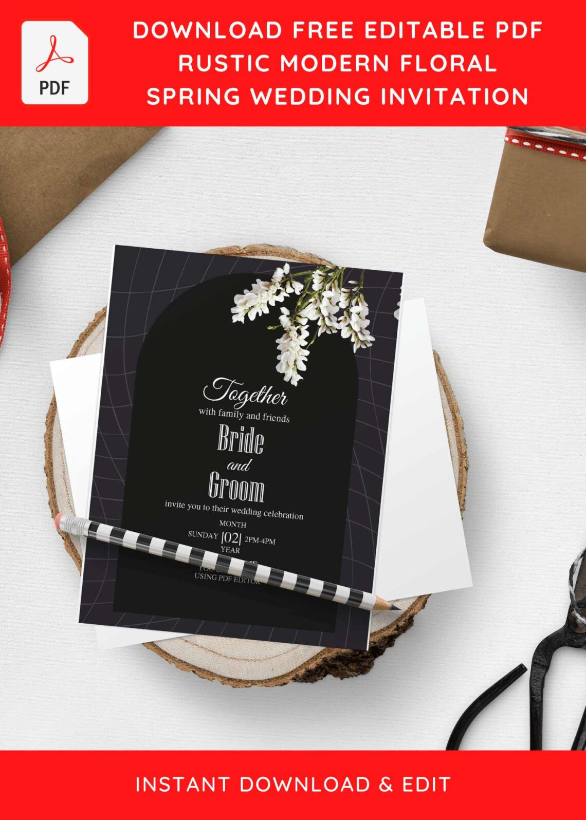 (Free Editable PDF) Magic Garden Wedding Invitation Templates with blissful watercolor Cherry Blossom