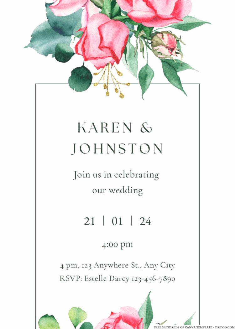 14+ Watercolor Rose Bud Flower Canva Wedding Invitation Templates ...