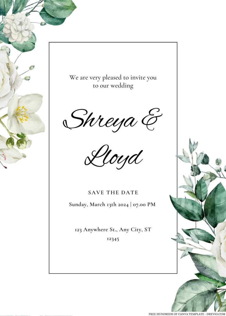 16+ Green Leaves White Roses Canva Wedding Invitation Templates ...