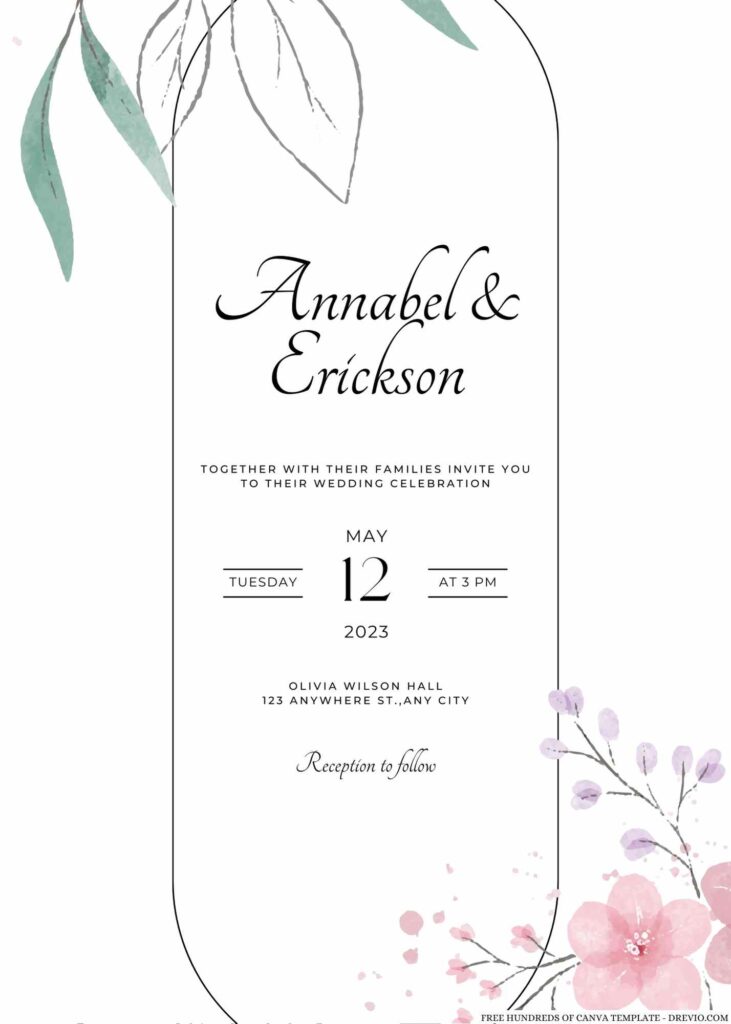 Invitation Template of 16+ Watercolor Pink Floral Leaves Canva Wedding Invitation Templates 15