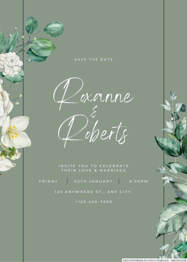 Invitation Template of 16+ Sage White Roses and Leaves Canva Wedding Invitation Templates 3