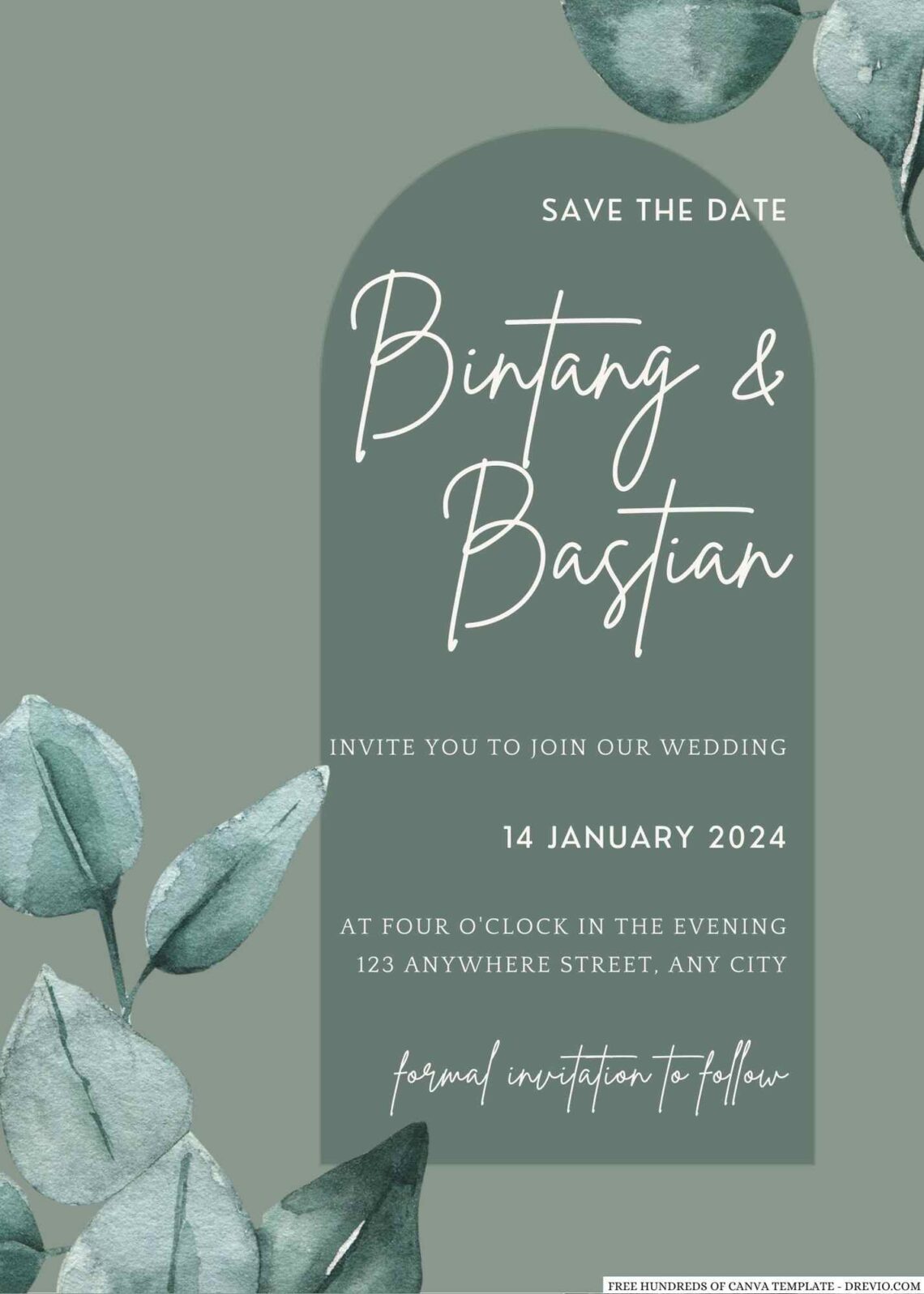 Free Editable Sage Watercolor Painted Eucalyptus Wedding Invitation