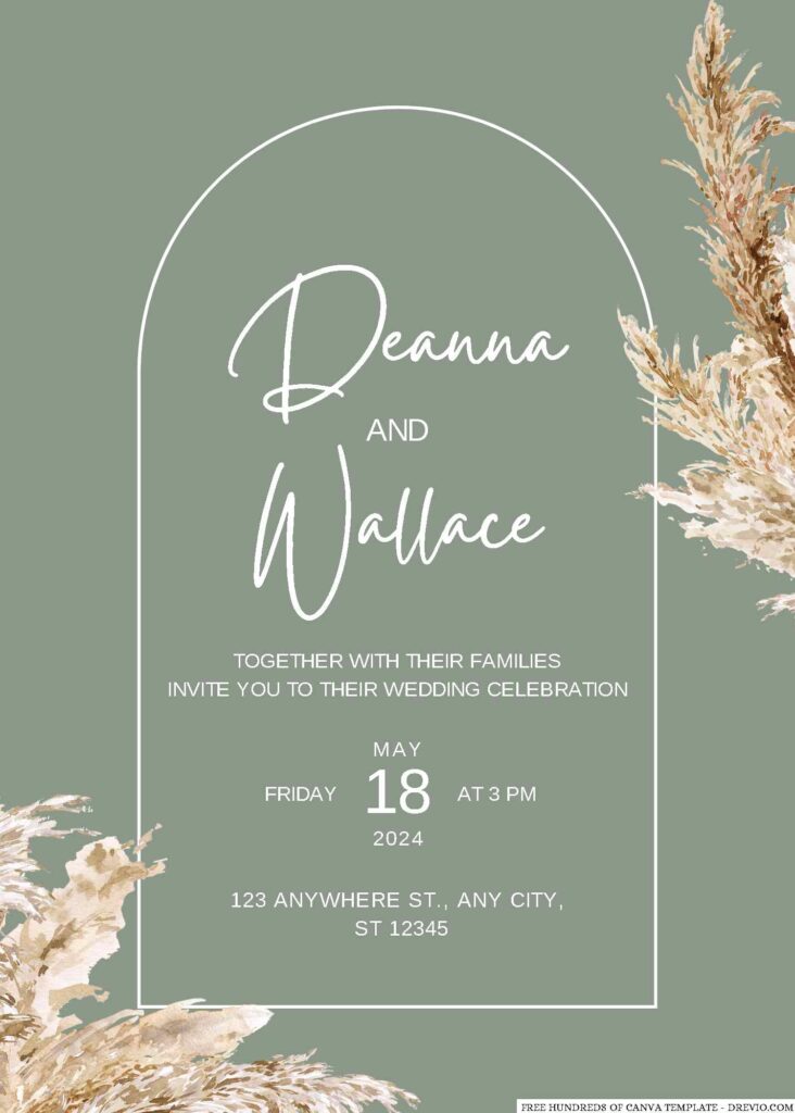 Invitation Template of 20+ Sage Watercolor Pampas Grass Canva Wedding Invitation Templates 3