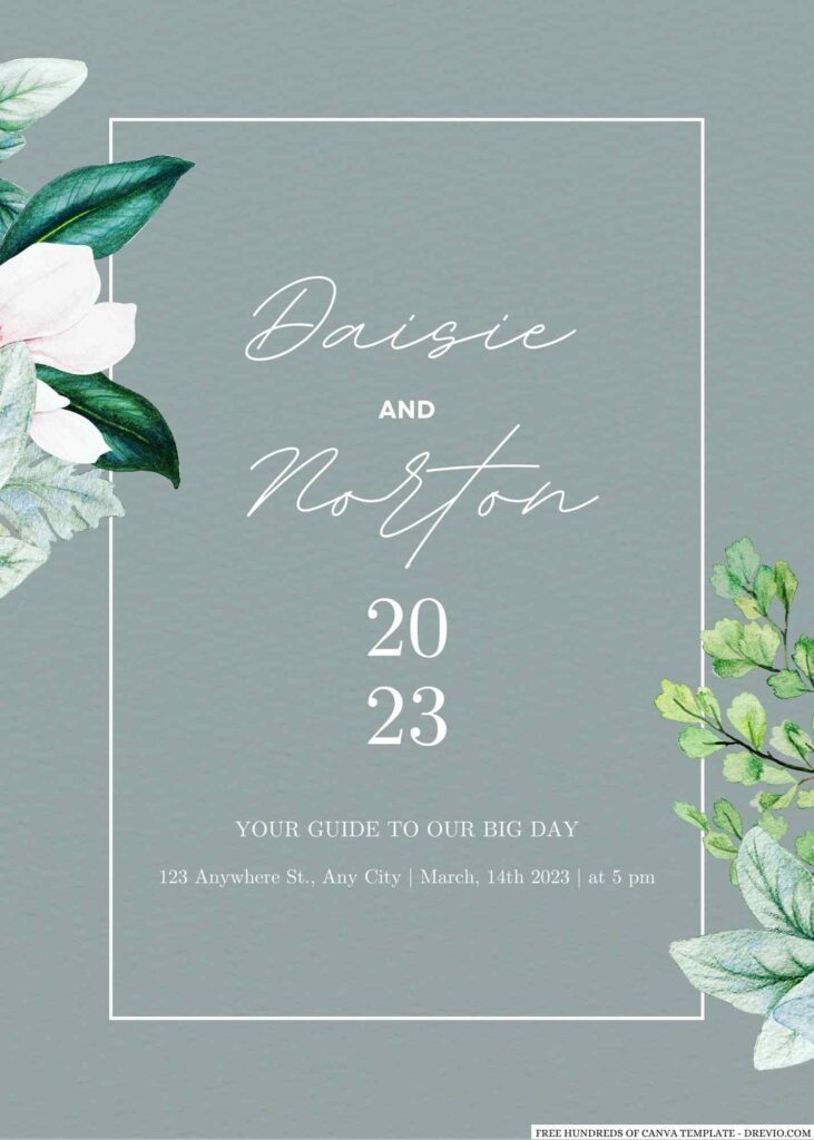 Invitation Template of 20+ Sage Watercolor Magnolia Flower Canva Wedding Invitation Templates 3