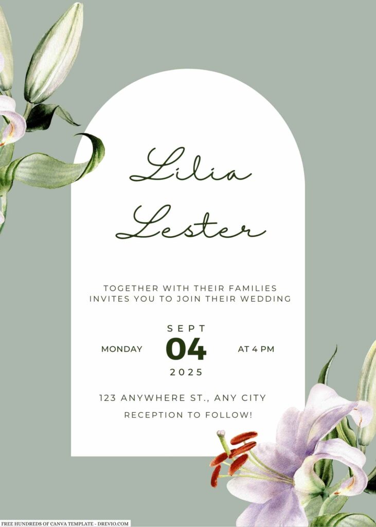 Invitation Template of 20+ Sage Watercolor Lily Flower Canva Wedding Invitation Templates 3