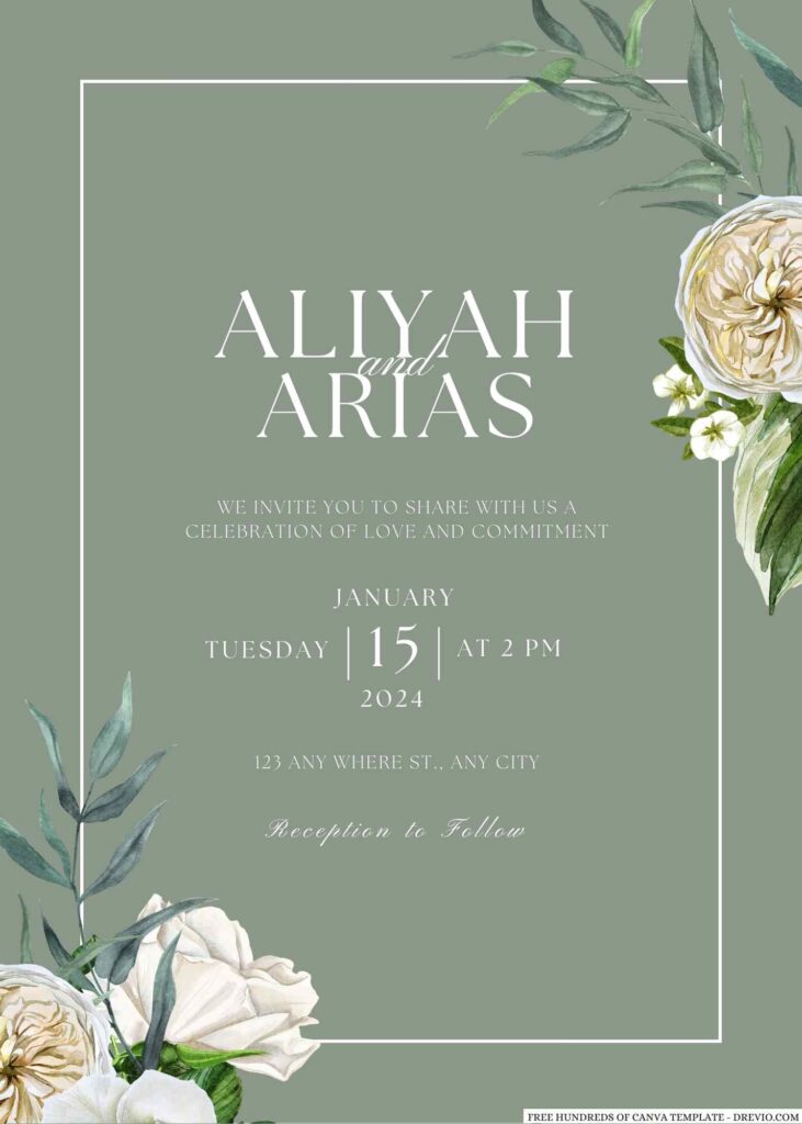 Invitation Template of 22+ Sage White Rose Bouquet Canva Wedding Invitation Templates 3